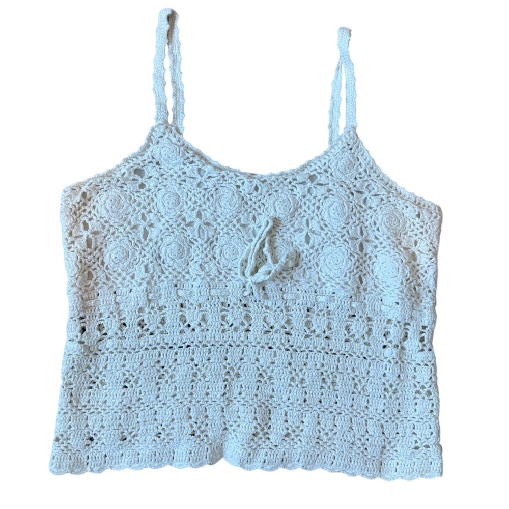 Cream Crochet Boho Tank Top‎ Lace Rose Floral Tie Waist Spaghetti Strap Size L
